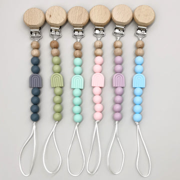 Infant Solid Color Rainbow Baby Pacifier Clip Beech Beads Silicone Bite Molar Drop-Preventing Chain